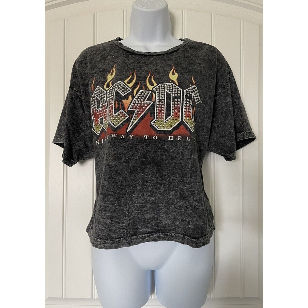 AC/DC Crop‎ Top Shirt Womens Large Acid Bleach Wash Metallic Studs Flames Shirt